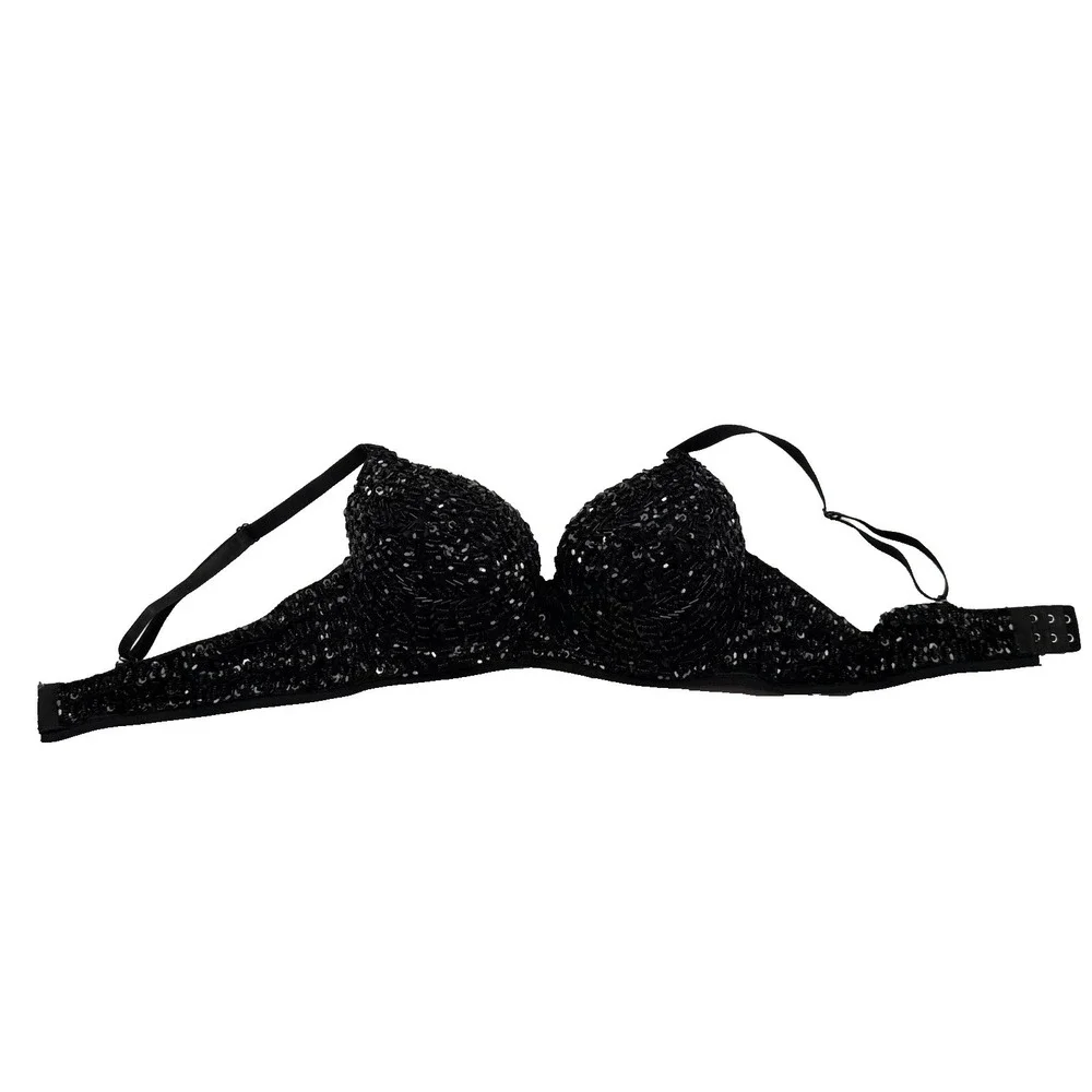 Black Beaded Sequin Bra 38 Band‎ Dance Costume Festival Rave Padded Convertible